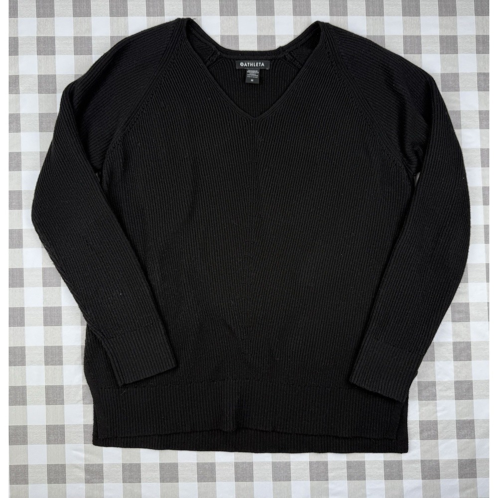Athleta Black Ribbed Sweater V Neck Cozy Minimalist Athleisure‎ M